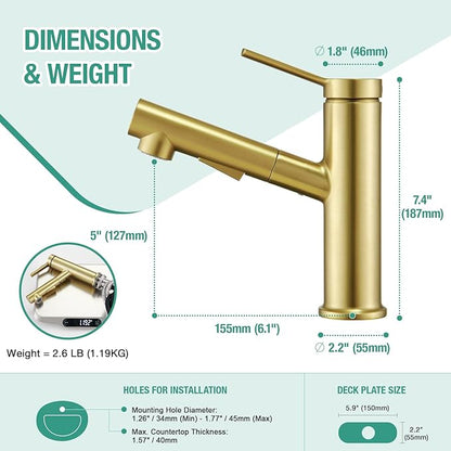 Faustina Light Gold Bathroom Faucet with Pull Out Sprayer, Gold Vanity Faucet for Bathroom or Laundry, Stainless Steel Single Handle with Deck Plate for 1 or 3 Hole, Brushed Finish