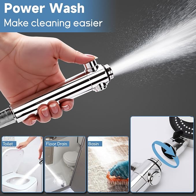 5+1 Mode High Pressure Replacement Silver RV Shower Head with Hose | On/Off Switch, Water Saving Motorhome Shower Head for RV/Campervan, Caravan