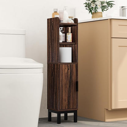 Small Bathroom Storage Cabinet, Corner Floor Cabinet with Door and Shelves, Narrow Toilet Paper Cabinet, Bathroom Organizer with Adjustable Shelf, for Small Spaces (Walnut)
