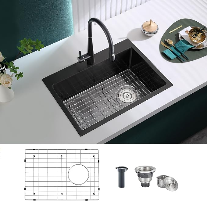 Black Topmount Kitchen Sink - 22”×18” Single Bowl Sink, Sink Grid | 9 Inch Deep Handmade Bar Sink with Strainer, Stainless Steel 304, Right Side Drain, X-Groove Drainage, Sound-Dampening Pad
