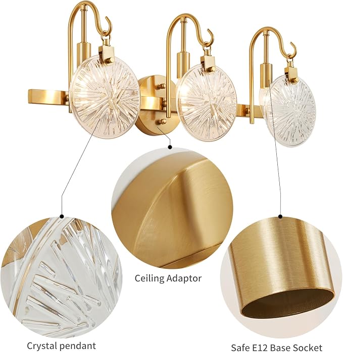 WUZUPS 3-Light Bathroom Light Fixture Over Mirror Morden Vanity Wall Sconces Clear Glass Shade for Bedroom Living Room, E12 Base, Brass Gold