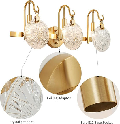 WUZUPS 3-Light Bathroom Light Fixture Over Mirror Morden Vanity Wall Sconces Clear Glass Shade for Bedroom Living Room, E12 Base, Brass Gold