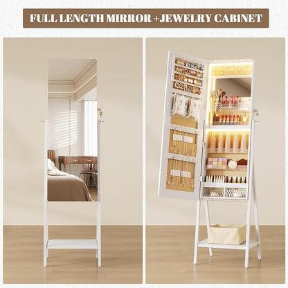 LVSOMT Jewelry Armoire Cabinet Standing, Full Length Mirror with Storage | Space-saving Mirror with Jewelry Storage, Built-in LED Makeup Mirror, Jewelry Organizer Cabinet for Women, White