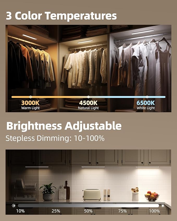 6-Pack Under Cabinet Lighting Wireless, 1800mAh Rechargeable Motion Sensor Light Indoor, Magnetic Closet Lights, Dimmable & 3 Color Temps, Under Counter Lights for Kitchen, Stairs (8inch)