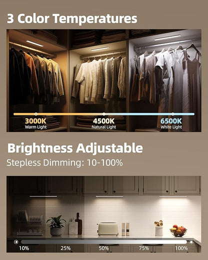 Under Cabinet Lighting, 12inch Rechargeable Motion Sensor Light Indoor, 2400mAh Battery Operated Closet Lights, with Dimmable & 3 Color Temps, Wireless Under Counter Lights for Kitchen,Stairs(6Pack) ﻿