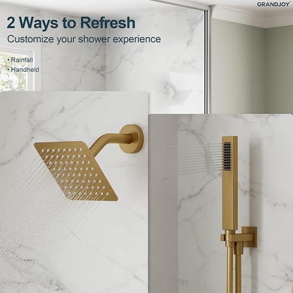 Wall Mount Shower System with Handheld Shower, Brushed Gold | 6-inch rain head, pressure-balanced brass valve, 2-function control and included 59-inch hose