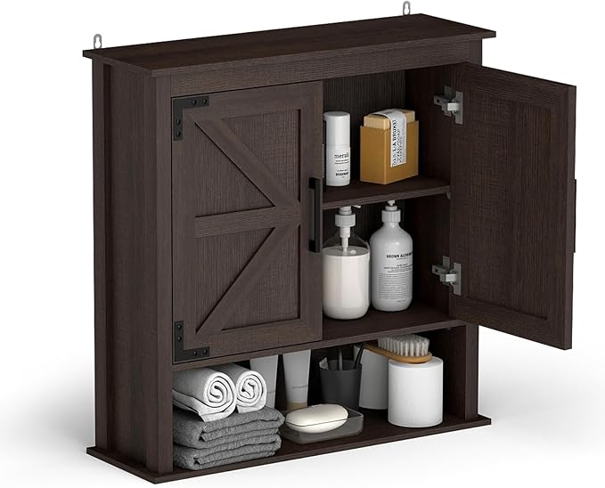HollyHOME Bathroom Wall Cabinet, Farmhouse Barn Door Wood Medicine Cabinet with Adjustable Shelves, Wall-Mounted Over-The-Toilet Storage, Dark Brown