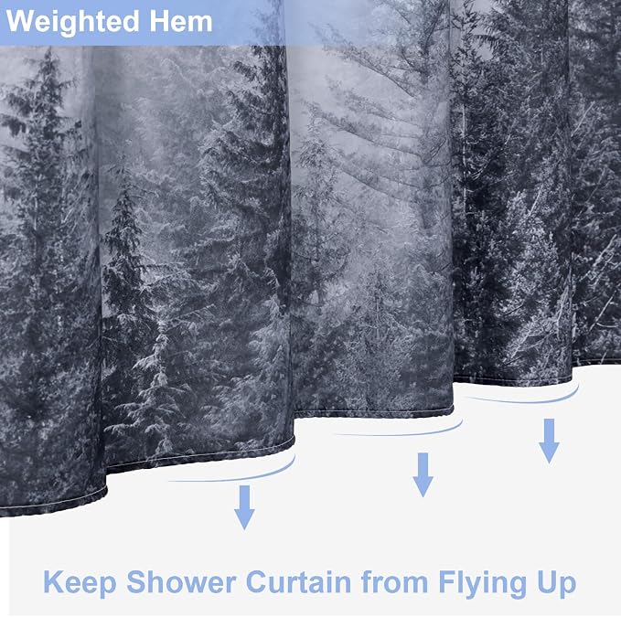 ORTIGIA 36x72 Misty Forest Stall Shower Curtain for Small Bathroom, Grey Half Size Narrow Nature Woodland Shower Curtain Set with Hooks, Waterproof Fabric Pine Tree Fog Magic Home Bath Curtain