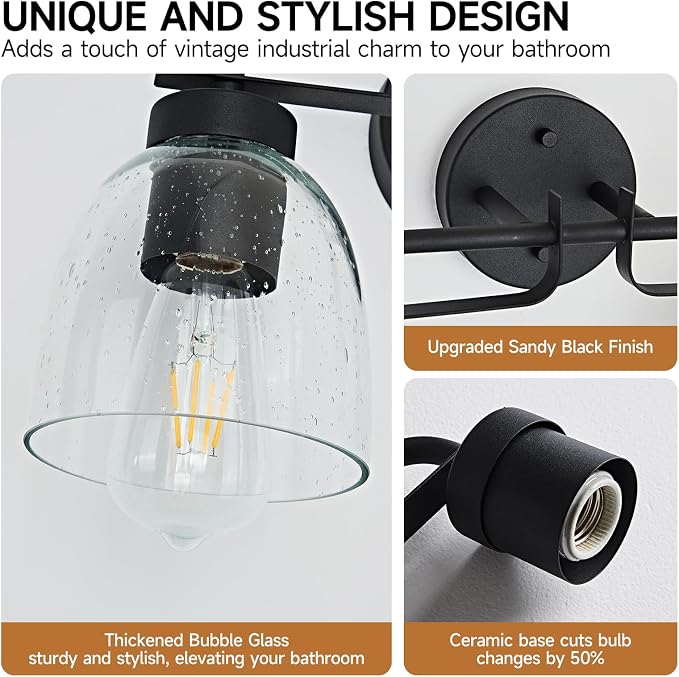 3-Light Farmhouse Bathroom Vanity Light Fixtures, Modern Industrial Black Vanity Lights for Bathroom Light Fixtures with Vintage Bubble Glass Shade Wall Sconce for Mirror, Bedroom, Hallway