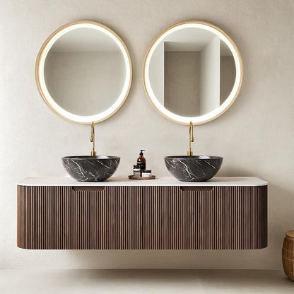 60" Floating Bathroom Vanity with Sink, Wall-Mount Cabinet with 2 Large Storage Drawer, 2 Black Bowl Ceramic Basins and Marble Top, Soft-Close Design, Dark Walnut