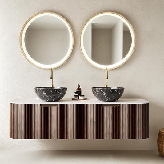 60" Floating Bathroom Vanity with Sink, Wall-Mount Cabinet with 2 Large Storage Drawer, 2 Black Bowl Ceramic Basins and Marble Top, Soft-Close Design, Dark Walnut