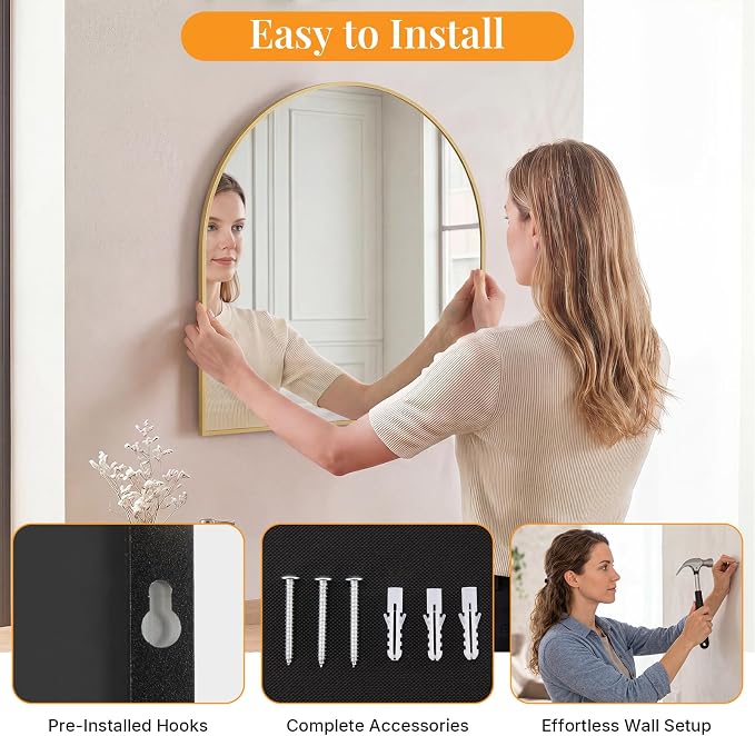 Sweetcrispy 31"x32" Arched Bathroom Mirror, Bathroom Mirrors for Over Sink | Modern Wall Mirrors Arch Decorative for Entryway, Bedroom, Vanity,Horizontal or Vertical Hanging, Gold