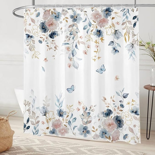 Pink Floral Butterfly Shower Curtain Blue and Gold Flower Design Country Botanical Nature Bathroom Decor with Hooks, 72 x 78 Inch