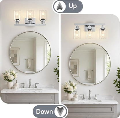 3 Light Bathroom Light Fixtures,17" Polished Chrome Vanity Lights | Modern Vanity Lights over Mirror with Clear Glassshades,Farmhouse Bathroom Wall Sconece over Sink,E26 Base
