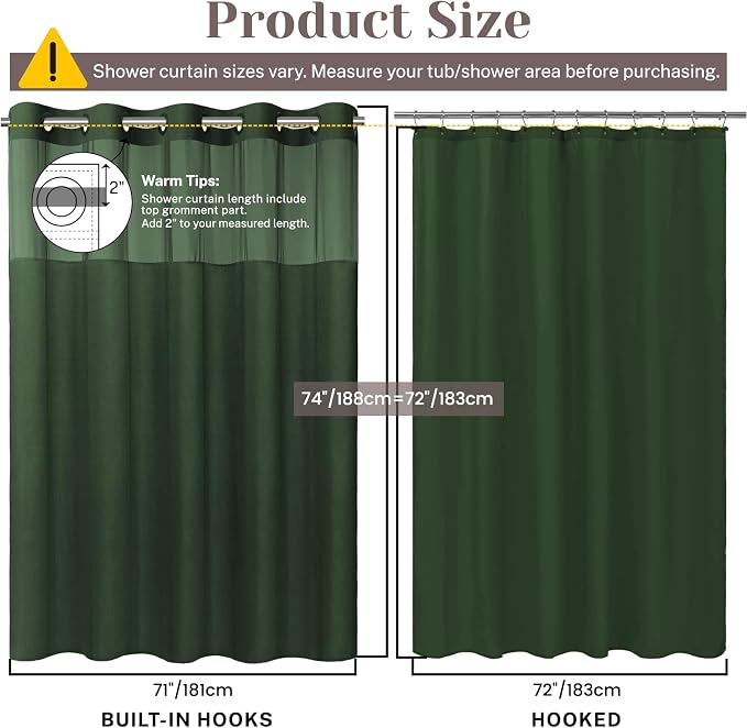 SORTTO No Hook Slub Shower Curtain with Liner, 71x74, Dark Green | Snap in Liner, 3 in 1, Bamboo Texture, Hotel Style, Waterproof Fabric, Mesh Top Window, Corner Magnets, Machine Washable