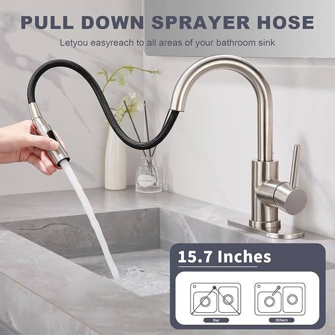 Brushe Nickel Bathroom Sink Faucet with Pull Down Sprayer | 2 Mode Sprayer, with Deck Plate for 1 or 3 Hole, 360° Swivel, with Pop Up Drain for Vanity Bar RV Basin Laundry Kitchen