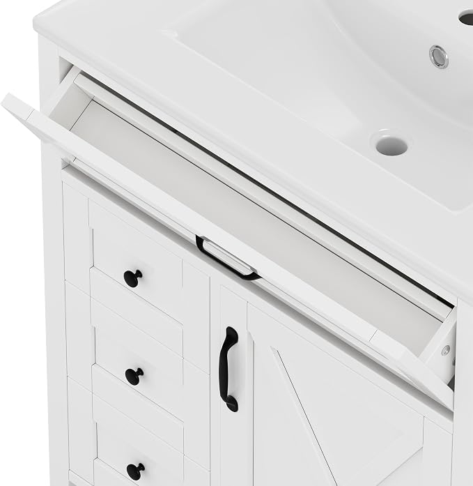 30" Bathroom Vanity with Sink, Freestanding Bathroom Cabinet | Ceramic Top & Backsplash, 3 Storage Drawers, 1 Tilt-Out Storage, Adjustable Shelving, Door Storage and Towel Bar, White
