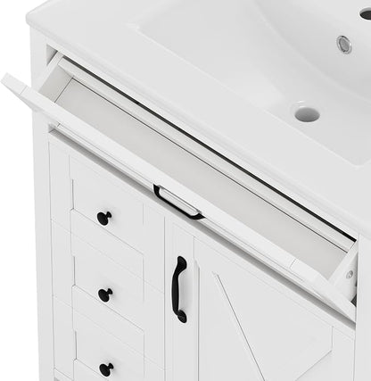 30" Bathroom Vanity with Sink, Freestanding Bathroom Cabinet | Ceramic Top & Backsplash, 3 Storage Drawers, 1 Tilt-Out Storage, Adjustable Shelving, Door Storage and Towel Bar, White