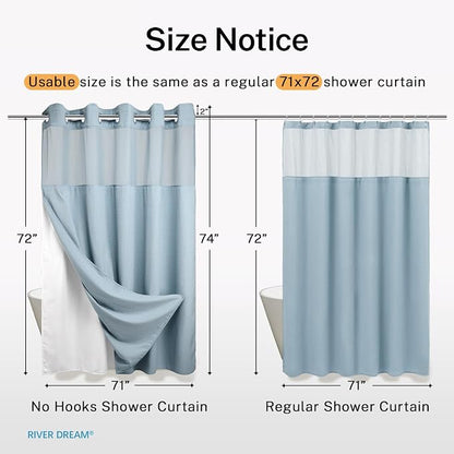 River Dream Heavyweight Waffle No Hook Shower Curtain with Liner,Blue,71x74 | Dotted Waffle,Snap-in Liner,Heavy Duty,Quick Dry,Mesh Top Window,With Bottom Magnets,Hotel-Grade,Washable,Standard Size
