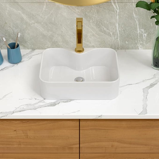 Bathroom Vessel Sink 19"x15" Rectangle Sink Above Counter White Porcelain Ceramic Modern Vanity Sink Art Basin with Faucet Hole