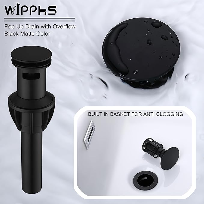 3 Hole Bathroom Faucet Matte Black, 2 Handle 8 inch Widespread Bathroom Sink Faucet with Pop Up Drain and cUPC Supply Hose, Black Bathroom Vanity Faucet 3 Hole WI37151BK
