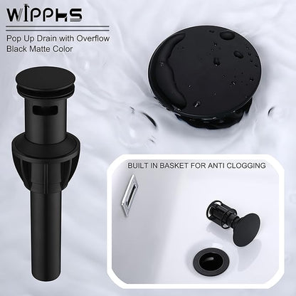 3 Hole Bathroom Faucet Matte Black, 2 Handle 8 inch Widespread Bathroom Sink Faucet with Pop Up Drain and cUPC Supply Hose, Black Bathroom Vanity Faucet 3 Hole WI37151BK