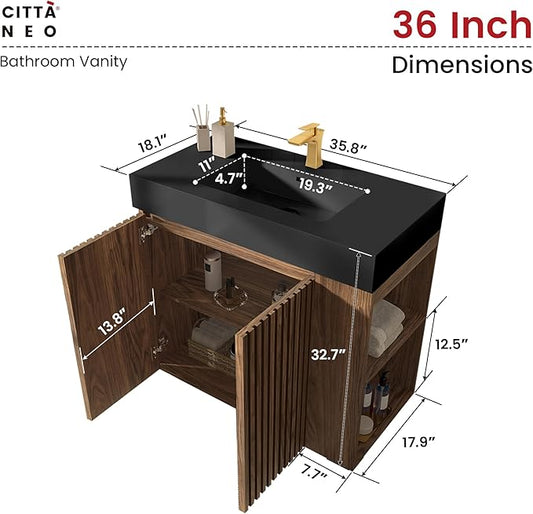36" Bathroom Vanity with Sink, Freestanding Single Sink Bathroom Vanity with Black Engineered Stone Top & Open Side Storage, Soft-Closing Doors with Adjustable Shelf, Walnut