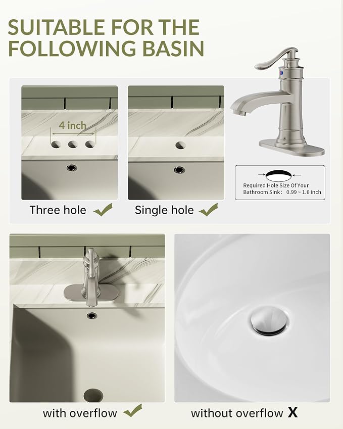 Brushed Nickel Bathroom Faucet Brass Single Handle Bathroom Sink Faucets | Single Hole Farmhouse Faucet Vanity Lavatory RV with Overflow Pop Up Drain Mixer Tap Commcercial Rustic by BATHLAVISH