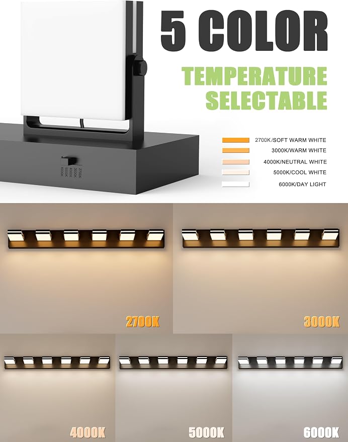 VOLISUN 6 Light Bathroom Vanity Light, 41.8 inch Dimmable Bathroom Light Fixtures Over Mirror, 5 Color Temperatures, 180°Rotatable Head, Black LED Vanity Lights for Bathrooms-ETL Certificated
