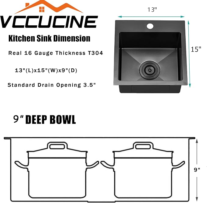 VCCUCINE Gunmetal Black Bar Sink Drop in, 13x15 Inch Topmount RV Small Kitchen Sink, Handmade Stainless Steel Wet Bar Sink, Outdoor Single Bowl Prep Sink with Dish Grid & Drain