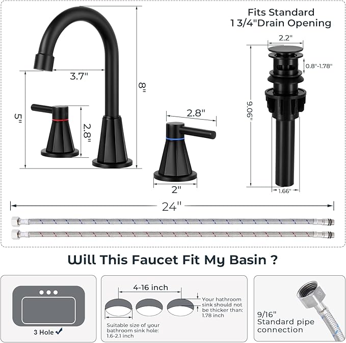 Bathroom Faucets for Sink 3 Hole 8 Inch Widespread 2 Handle Bathroom Faucet with Pop-up Drain and 360° Swivel Spout,Matte Black