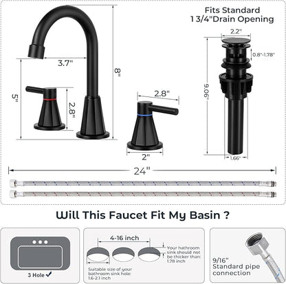 Bathroom Faucets for Sink 3 Hole 8 Inch Widespread 2 Handle Bathroom Faucet with Pop-up Drain and 360° Swivel Spout,Matte Black