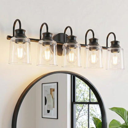5 Lights Bathroom Light Fixtures Modern Black Vanity Lights | ETL Certificate, Easy to Install,Wall Mount Up or Down,Thickened Glass Lampshade,E26 Socket,Hardwired