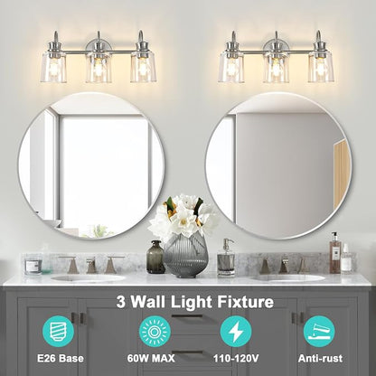 3 Lights Bathroom Light Fixtures Brushed Nickel Vanity Lights | ETL Certificate, Easy to Install,Wall Mount Up or Down,Thickened Glass Lampshade,E26 Socket,Hardwired