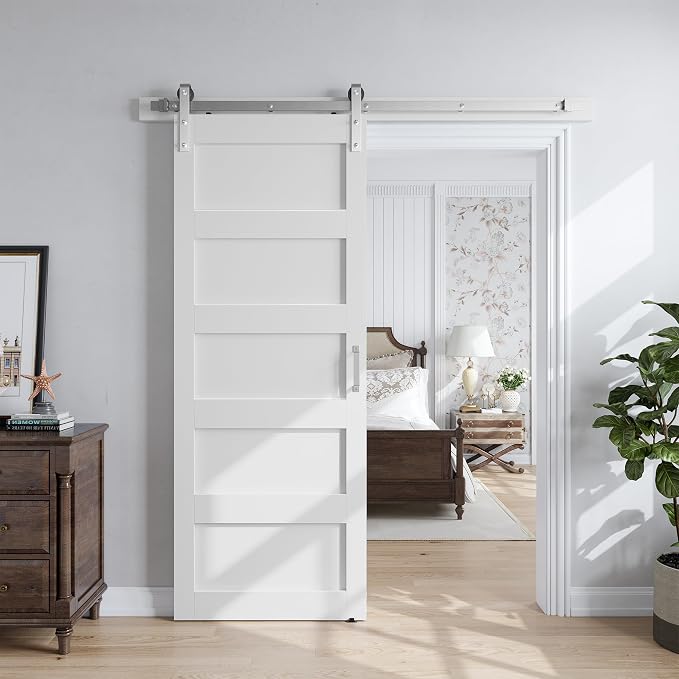 SMARTSTANDARD 30x84 inch White Barn Door with 5FT Silver Hardware Track | Solid MDF Slab, Waterproof PVC Surface, 5-Panel, Suitable for Openings up to 28in x 82in