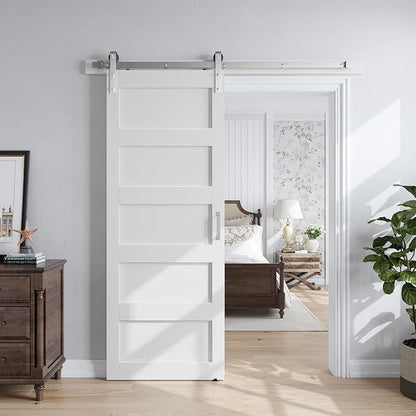 SMARTSTANDARD 30x84 inch White Barn Door with 5FT Silver Hardware Track | Solid MDF Slab, Waterproof PVC Surface, 5-Panel, Suitable for Openings up to 28in x 82in