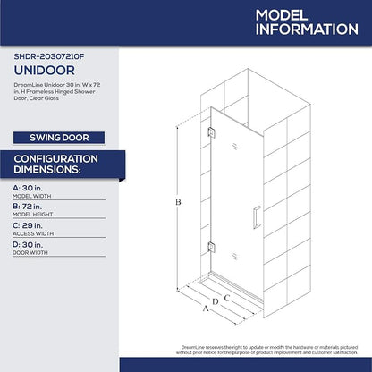 DreamLine Unidoor 30 in. W x 72 in. H Frameless Hinged Shower Door in Oil Rubbed Bronze, SHDR-20307210F-06