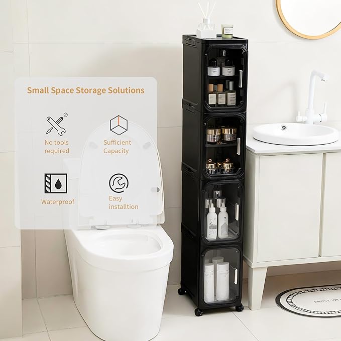 4-Tier Tall Narrow Slim Bathroom Storage Cabinet, Black | Tool Free Assembly, Adjustable Shelves, Fits for Narrow Spaces, Reinforced Stability, Magnetic Clear Door