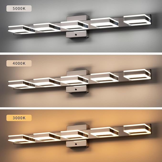 mirrea 32" 5 Light 3CCT LED Chrome Bathroom Vanity Light Fixture | Over Mirror,Bathroom Lighting,3000K/4000K/5000K ,Dimmable,Rust-resistant,Moisture-resistant,Acrylic shade,Wall Mount