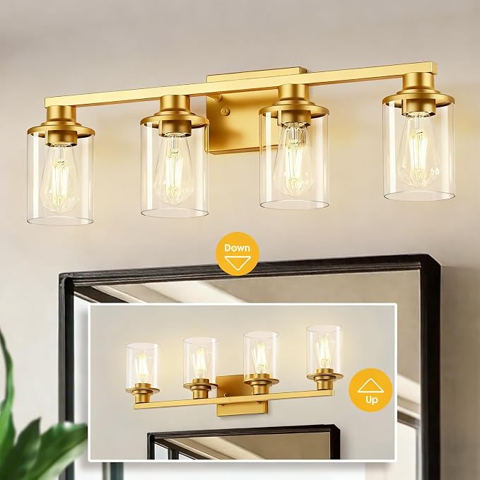L LOHAS LED 4-Light Bathroom Vanity Light, Gold | Clear Glass Shades; Modern Bathroom Light Fixture for Bathrooms, Bedrooms and Hallways