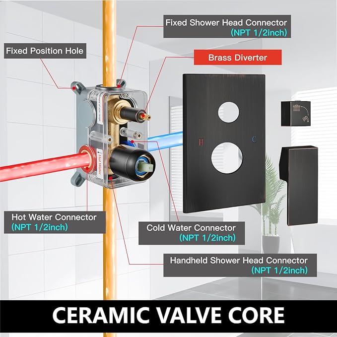 Midanya Shower Faucet Set,Wall Mount Shower System with Square Rain Shower Head and Hand Sprayer, Rough-in Valve Body and Trim Kit Included,10 Inch,Oil Rubbed Bronze