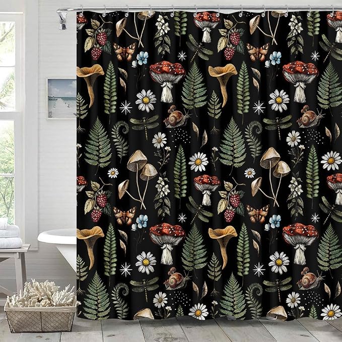 GOAOK Vintage Mushroom Boho Shower Curtain, Magic Fairy Witchy Woodland Nature Plant Shower Curtain Set, Hippie Botanical Floral Aesthetics Fabric Waterproof Shower Curtain 72"x84" Black