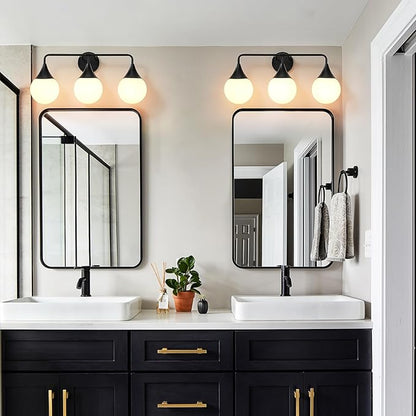 Bathroom Vanity Light Fixtures: 3 Lights Mid Century Modern Bathroom Lighting Fixtures Over Mirror - Matte Black Wall Sconce with Milky White Globe Glass for Bath Living Room