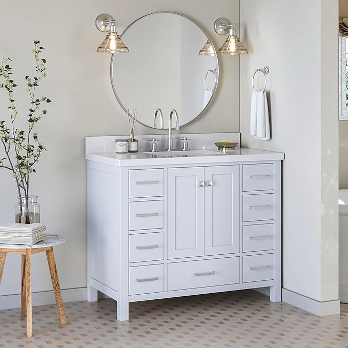 ARIEL Cambridge 42-inch Bathroom Vanity Base Cabinet,Solid Wood, 2 Soft Closing Doors, 9 Dovetail Drawers, White