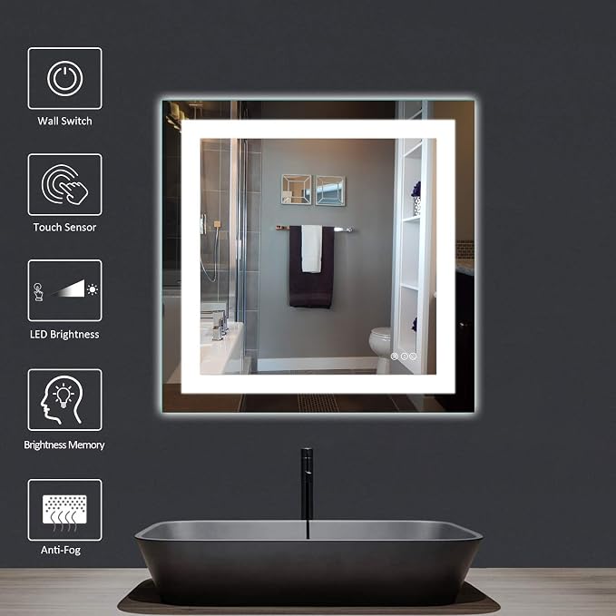 LED Bathroom Mirror 36"X36" with Front Light and Backlit | Stepless Dimmable, Anti-Fog, Shatter-Proof, HD Reflection, Memory, 3 Colors Lighting Square Mirror, UL Listed