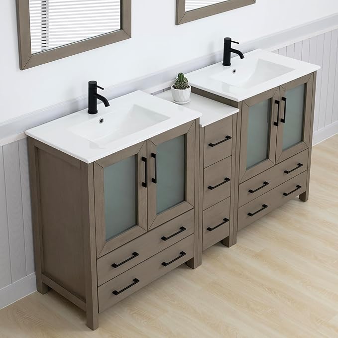 Vanity Art 72 Inch Under Mount Double Sink Bathroom Vanity Cabinet with 2 Mirrors, Ceramic Top Bathroom Cabinet Compact Set with 7 Dovetail Storage Drawers and Matte Black Handles, VA3030-72-DG