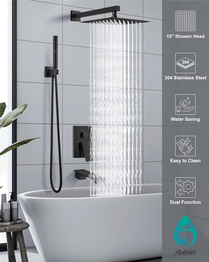 Aolemi Shower System with Tub Spout and Valve Matte Black | 10-Inch Square Wall Mounted Rainfall Shower Head and Handheld,3-Function Bathtub Shower Faucet Set