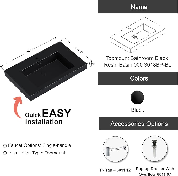 Dowell 30" Bathroom Sink,Single Bowl Vanity Basin,Rectangular Drop-In Bathroom Sink with Overflow,Black-000 3018BP-BL