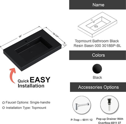 Dowell 30" Bathroom Sink,Single Bowl Vanity Basin,Rectangular Drop-In Bathroom Sink with Overflow,Black-000 3018BP-BL