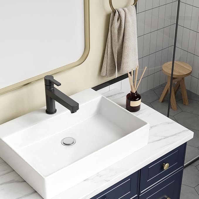 Vessel Sink 24.02x17.72 Inch, Square Ceramic Bathroom Vessel Sink, Drop-In Above Counter Vanity Sink for Bathroom, White Wash Basin Bowl